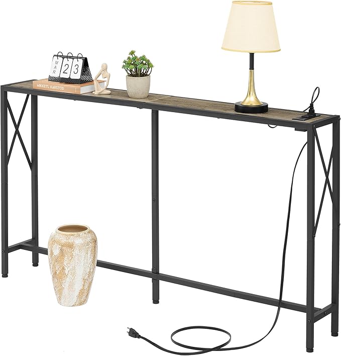 Sofa Table with Oulets and USB Ports, 55.1" Couch Table Behind Sofa, Industrial Long Skinny Stand for Hallway, Living Room, Bedroom, 6.5 Feet Power Cord