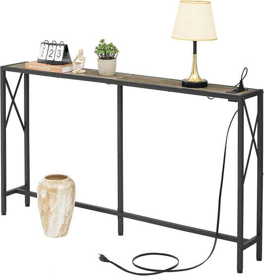 Sofa Table with Oulets and USB Ports, 55.1" Couch Table Behind Sofa, Industrial Long Skinny Stand for Hallway, Living Room, Bedroom, 6.5 Feet Power Cord