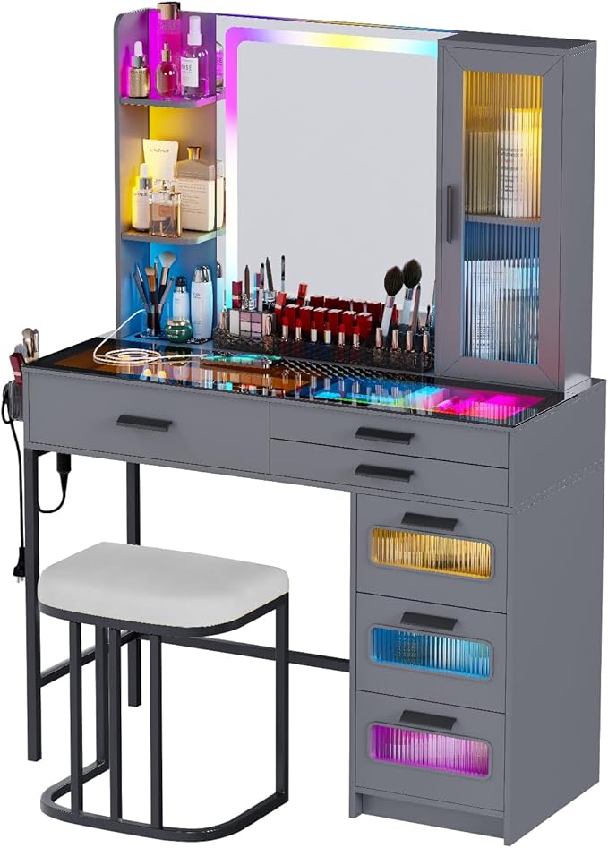 Vanity Desk with Mirror and RGB Lights，Glass top Makeup Vanity Table Set with Stool & Charging Station, Dressing Table with RGB Cabinet,6 Drawers,Lipstick Grid for Bedroom,Grey