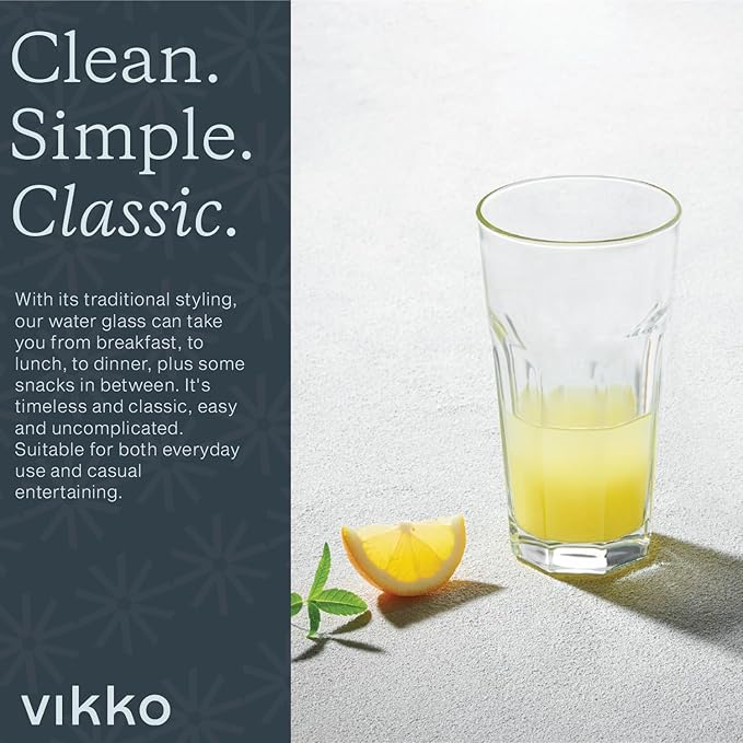 Vikko Drinking Glasses, 9 Ounce Glass Cups, Durable Glasses Drinking Set of 12, Stackable Water Glasses, Highball Glasses, Heavy Base Tumblers & Water Glasses, Dishwasher Safe Cups for Kitchen
