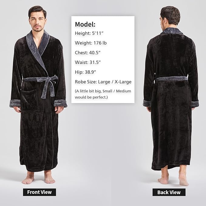FashGudim Mens Robes Big and Tall Full Length Plush Fleece Long Robe for Men Bathrobe Shawl Collar Warm Winter House Robes