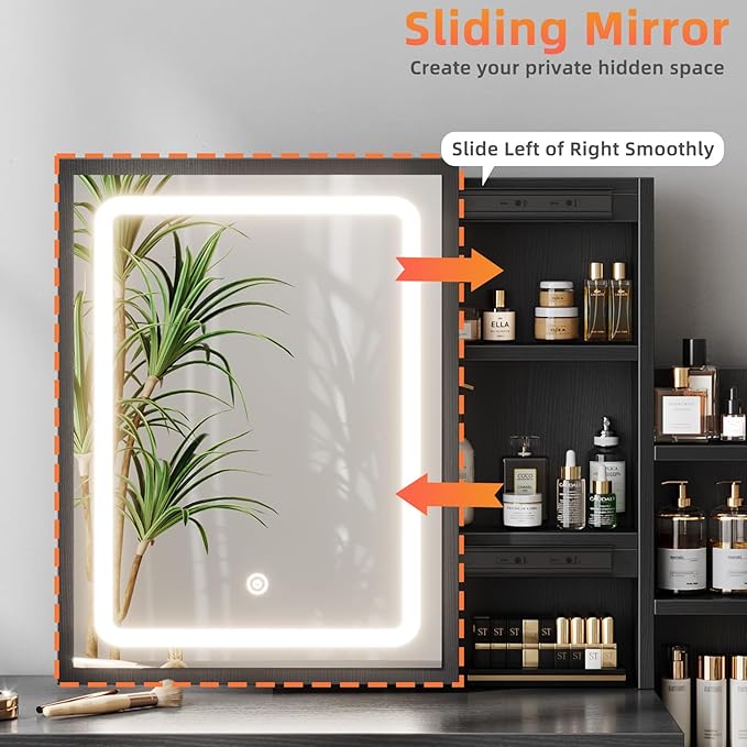 Vanity Desk with Mirror and Lights, Makeup Vanity with 3 Adjustable Lighting Modes, Small Vanity Desk with Sliding Mirror, 4 Drawers, 7 Shelves, Vanity Chair for Bedroom, Black