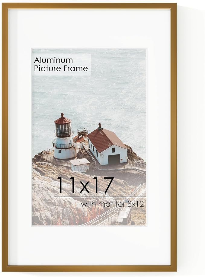 11x17 Metal Picture Frame for Wall With Mat for 8x12, 11''x17'' Aluminum Photo Frames With Tempered Glass for Home Decor, Minimalist Modern Poster Frame Horizontal And Vertical Formats, Bronze