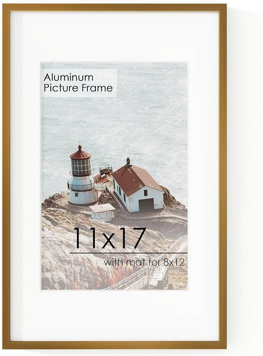11x17 Metal Picture Frame for Wall With Mat for 8x12, 11''x17'' Aluminum Photo Frames With Tempered Glass for Home Decor, Minimalist Modern Poster Frame Horizontal And Vertical Formats, Bronze