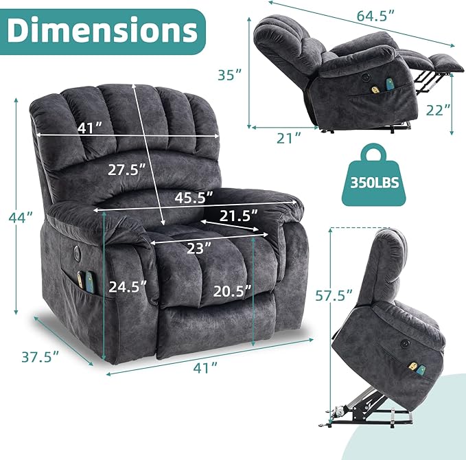 MEETWARM Large Power Lift Electric Recliner Chair with Massage and Heat, Overstuffed Wide Recliner for Elderly Big People, Plush Fabric Recliners with USB Ports, 2 Remote Controls, Side Pockets（Gray）