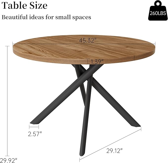 45.3 Inch Modern Round Dining Table for 4, Space-Saving Dinette with Carbon Steel Legs for Home Kitchen Apartment(Light Walnut Table)
