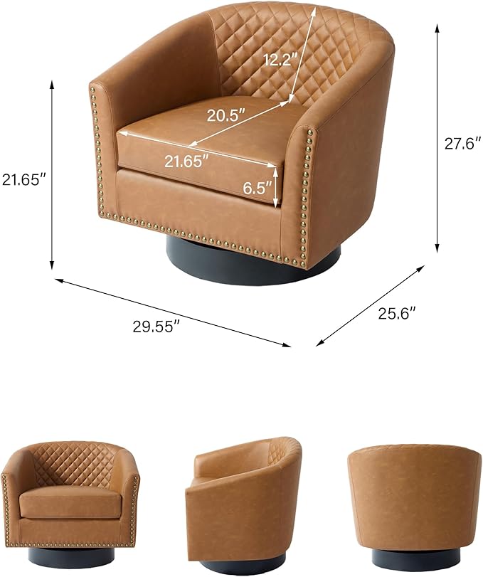 Swivel Barrel Accent Chair, Comfy Modern Upholstered Round Faux Leather Arm Chair for Living Room, Bedroom（Coffee, Set of 1