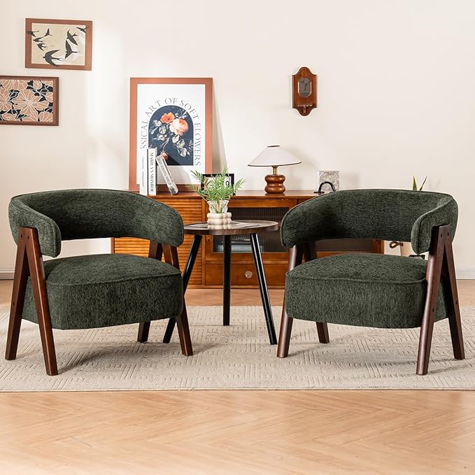 Kidol & Shellder Mid Century Accent Chair Comfy Fabric Modern Accent Chairs Upholstered Lounge Reading Armchair with Thicken Seat Cushion Wood Frame for Living Room,Bedroom, Reading Room （Green）