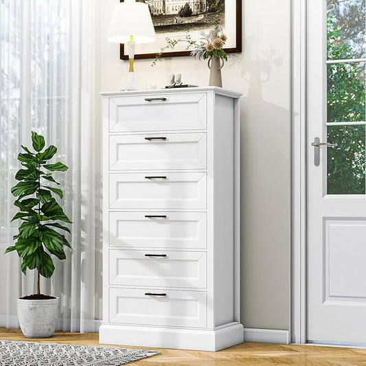 Tall White 6 Drawer Dresser, Wood Vertical Chest of Drawers for Bedroom, 55" H Modern Lingerie Dressers for Closet, Living Room, Hallway and Home Office