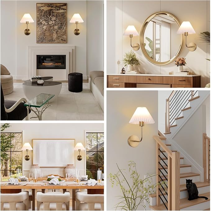 Wall Sconces Sets of 2, White Pleated Fabric lampshade, Brushed Gold Wall Lamp Curved Wall Lighting Bathroom Dresser Hardwired sconces wall decor Fixture Applicable to Living Room Bedroom Dining Room