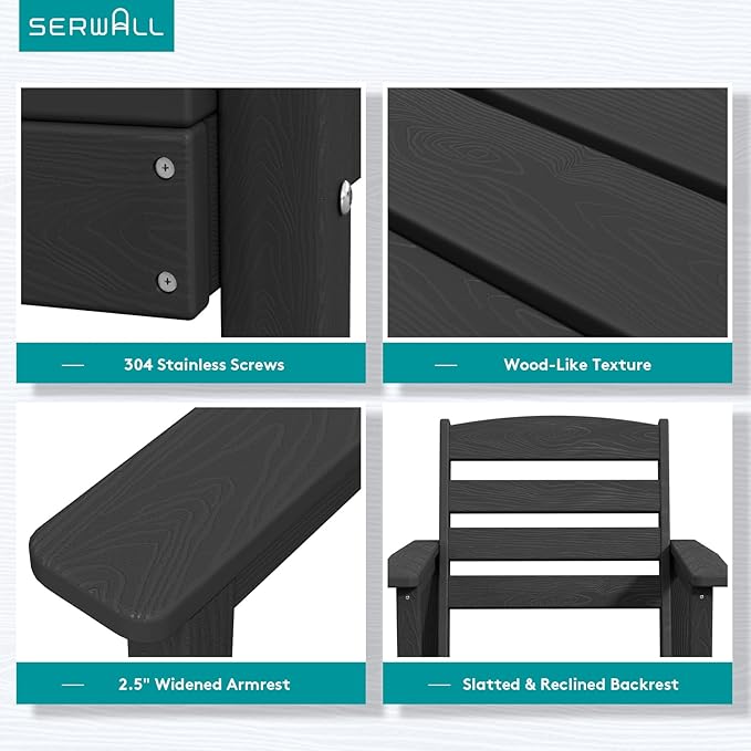 SERWALL Patio Dining Table Sets 5-Piece, Outdoor HDPE Dining Furniture Set with Umbrella Hole Cut-Out Table and 4 Chairs, All Weather Dining Set for Lawn, Garden, Backyard, Poolside, Black