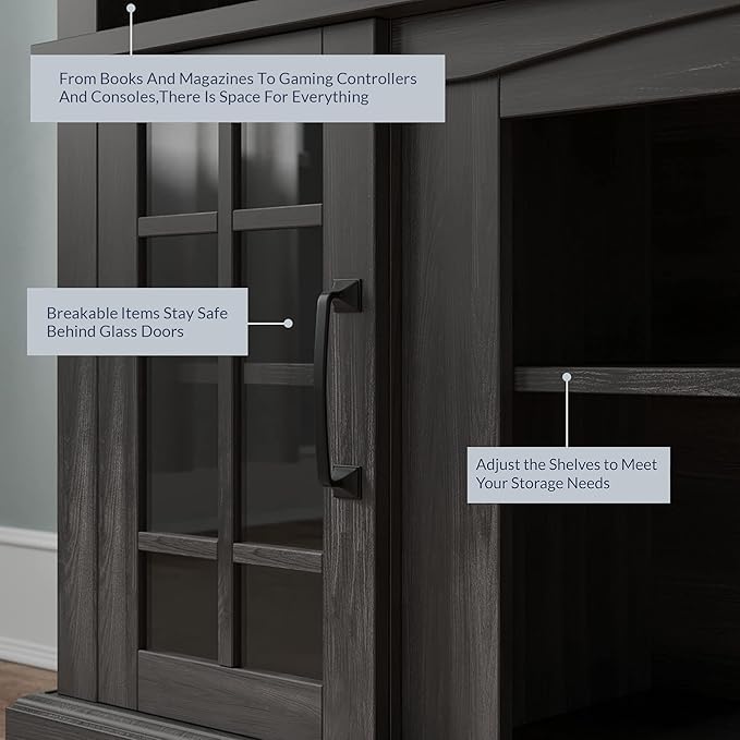 BELLEZE 58 Inch TV Stand, Rustic Wood Entertainment Center for TVs up to 65", Contemporary Media Console Table with Two Open Shelves and Glass Door Cabinets - Astorga (Rustic Grey)