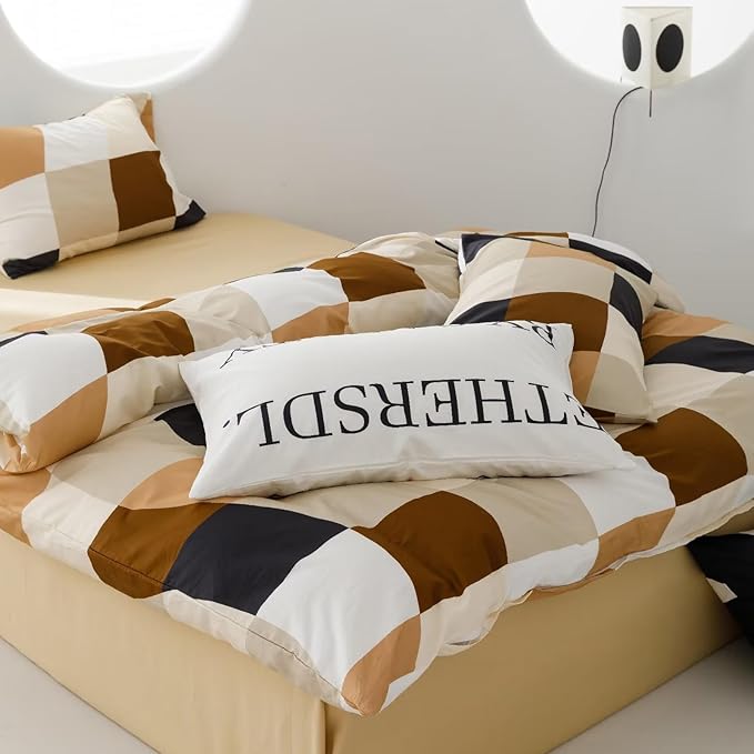 Luxlovery Beige Plaid Comforter Set Queen White Brown Plaid Bedding Comforter Checkered Geometric Blanket Quilts Soft Breathable Modern Abstract Comforter with 2 Pillowcases