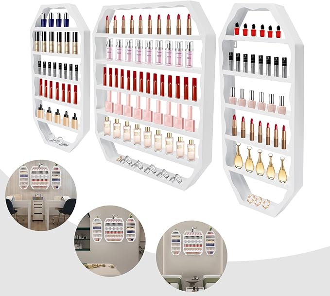 Metal Nail Polish Storage Rack, Wall Mounted Cosmetic Display Case, Lipstick Shelf, Essential Oil Organizer for Bottles, Spa Nail Salon (White)