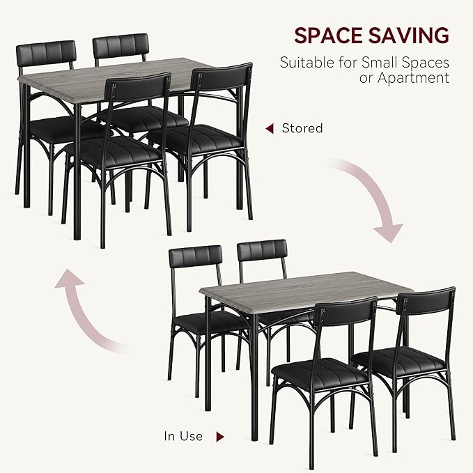 Kitchen Table and Chairs for 4, Dining Table Set for 4 with Upholstered Chairs, 5 Piece Rectangular Kitchen Table Set, Dining Room Table Set for Small Space, Apartment, Rustic Gray