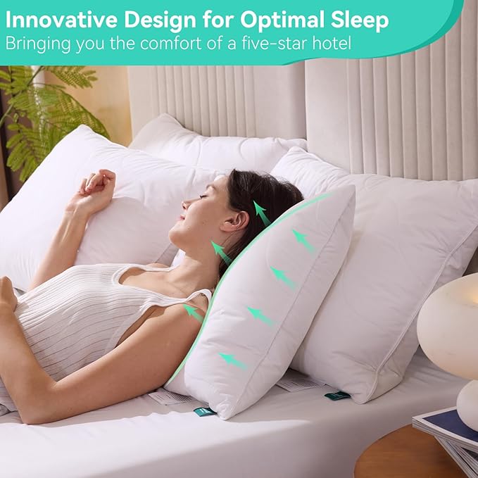 Three Geese White Goose Feather Down Pillows Queen Size Set of 2-100% Cotton, Medium Firm,Soft Support