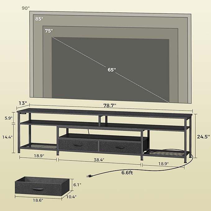 Huuger 79 Inch TV Stand for 85, 90 Inch TV, Entertainment Center with LED Lights and Power Outlets, TV Console with Drawers, Shelves, Type C, PU Leather Surface, for Living Room, Black