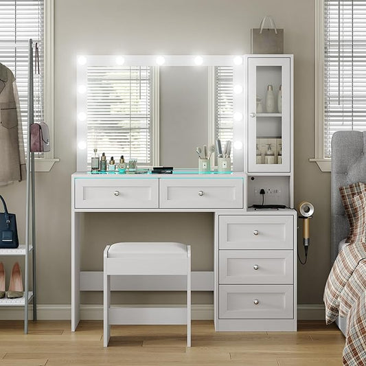 White 43" W Vanity Desk with Mirror & 11 Lights, 3 Drawer & 2 RGB Drawer Modern Makeup Desk with Glass top & Cushioned Stool, 3 Lighting Modes Brightness Adjustable,Power Outlet,Bedroom
