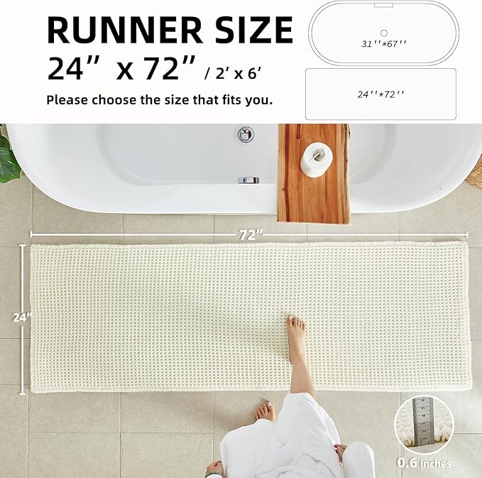 Cream White Long Bathroom Rugs, Waffle Runner Rug Bathroom Non Slip Washable Super Absorbent Quick Dry Boho Farmhouse Bath Mat, 72"x24" Cream White