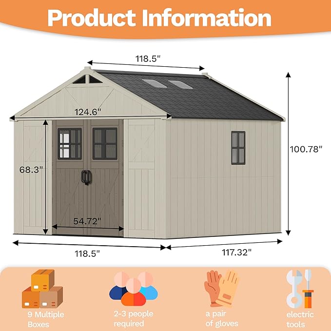 Devoko 10 x 10 FT Plastic Outdoor Storage Shed with Windows, Resin Tools Shed with Floor Large Storage Garden Shed for Patio,Garden, Backyard, Lawn, Beige