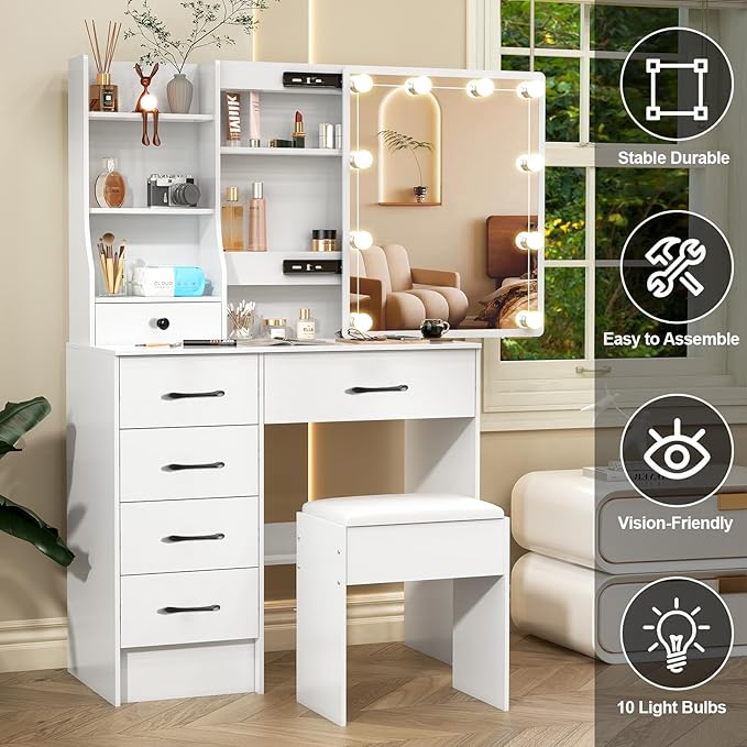 Vanity Desk with Mirror and Lights,Small Vanity with 6 Drawers 6 Storage Shelves & 10 LED Bulbs Slide Mirror,3 Lighting Colors Adjustable,White,31.5" L*14.2" W*51.2" H