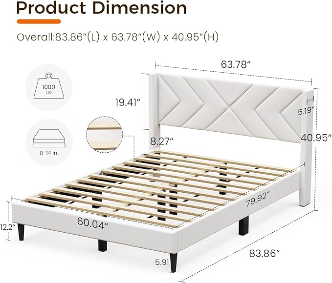 Casaottima Queen Bed Frame Upholstered Platform Bed with Wingback Headboard, Sturdy Wooden Slats Support, Noise-Free Mattress Foundation, No Box Spring Needed, Easy Assembly, Arrow Pattern Cream White