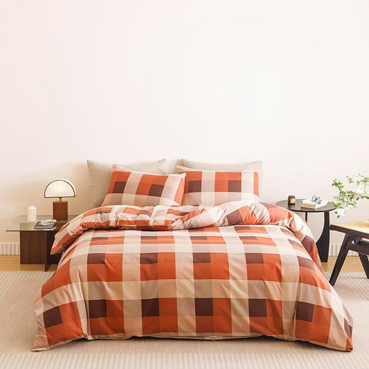 CLOTHKNOW Plaid King Size Comforter Set 3Pcs Gingham Buffalo Bedding Comforter Sets Rust Brown Khaki Geometric Comforter King Sets with 2 x Pillow Cases
