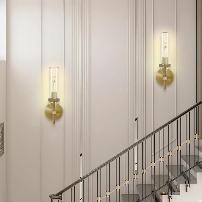 Brass Wall Sconces Lights Indoors, 14" Knurled Linear Sconce, Gold Bathroom Wall Sconces, Glass Tube Vanity Sconces Wall Lighting, Wall Lights for Mirror, Living Room, Bedroom, Hallway