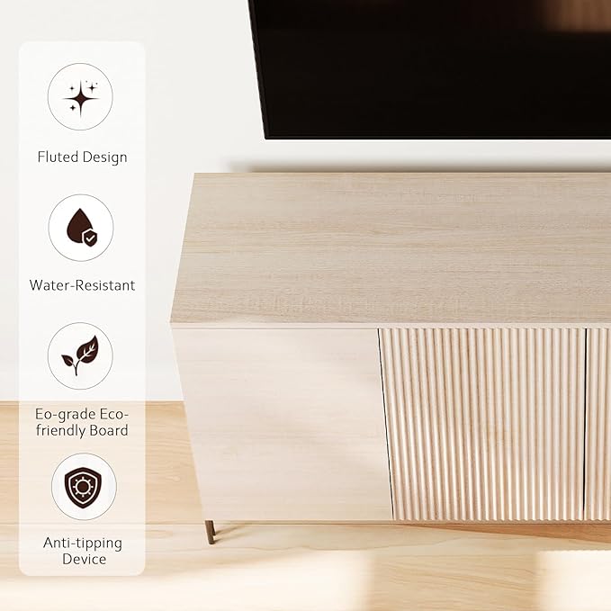 WAMPAT 61.6" TV Stand Cabinets for TVs up to 75 Inches, Entertainment Center with Storage Cabinets and 4 Doors, Mid Century Modern Media TV Console Table for Living Room Bedroom,Beige