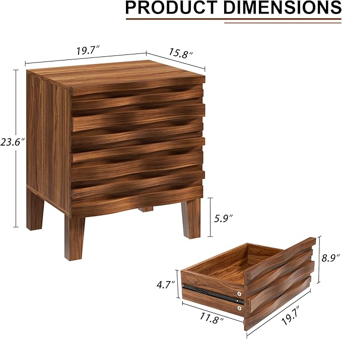 UEV Solid Wood Nightstand Set of 2, 19.7" W Boho Nightstand with 2 Drawers, Fluted Wood Night Stand, Mid Century Modern Bed Side Table for Bedroom,Living Room, Natural Wood
