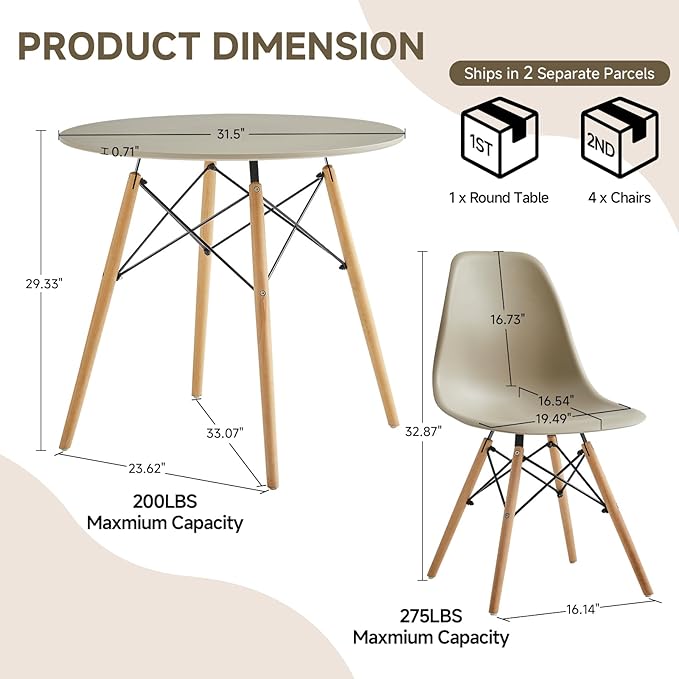 Round Dining Table Set for 4 31.5" Wood Dinner Table Circle Dining Table Kitchen Table Chairs Set of 4 with Wood Strip Base for Kitchen Living Room Space Saving Apartment(Beige)