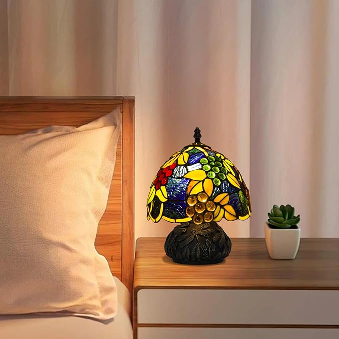 Small Tiffany Stained Glass Lamp, 3 Color Temperatures Bedside Lamp, 8 Inch Mushroom Desk Light for Bedroom Living Room Office Home Decor (Yellow Leaf Grapes)