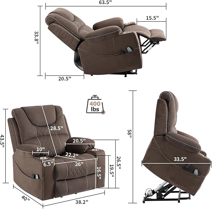 Lay Flat Power Lift Recliner, Heavy Duty Recliners 400lb Extra Big, Lift Recliner with Heat and Massage for Elderly, A Tall Fat Person, Lazyboy Sleeping (Velvet Brown)