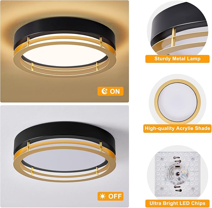Dimmable Black and Gold Flush Mount Ceiling Light, Modern Round LED Ceiling Lights Fixture, Kitchen Flushmount Light for Bedroom Hallway Kitchen 2700 K-6000 K 5CCT