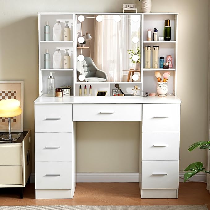 Makeup Vanity with Mirror and Lights, Vanity Desk with Chair and 7 Storage Drawers, White Vanity with Lights for Bedroom, Dressing Table Set for Women and Girls