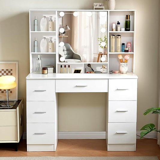 Makeup Vanity with Mirror and Lights, Vanity Desk with Chair and 7 Storage Drawers, White Vanity with Lights for Bedroom, Dressing Table Set for Women and Girls