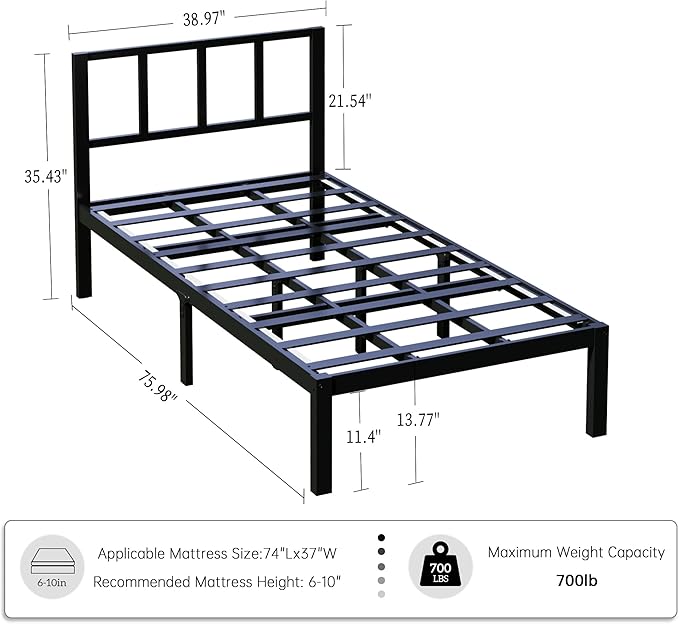 14 Inch Bamboo Bed Frame – Solid Wood Platform Bed Frame, Strong and Stable, with Non-Slip Slats for Support, No Box Spring Needed, Easy to Assemble, Noise-Free (Black with Headboard, Twin)