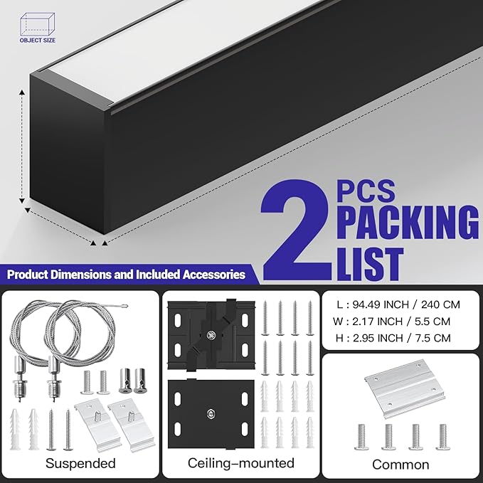 JTT 8FT LED Linear Light,8Foot LED Shop Lights 100/80/60W 3/4/5000K CCT Selectable,Commercial 8Feet Lighting Fixture 0-10V Dimmable Lighting Fixture ETL for Gym Retails Office Garage Classroom,2Pack