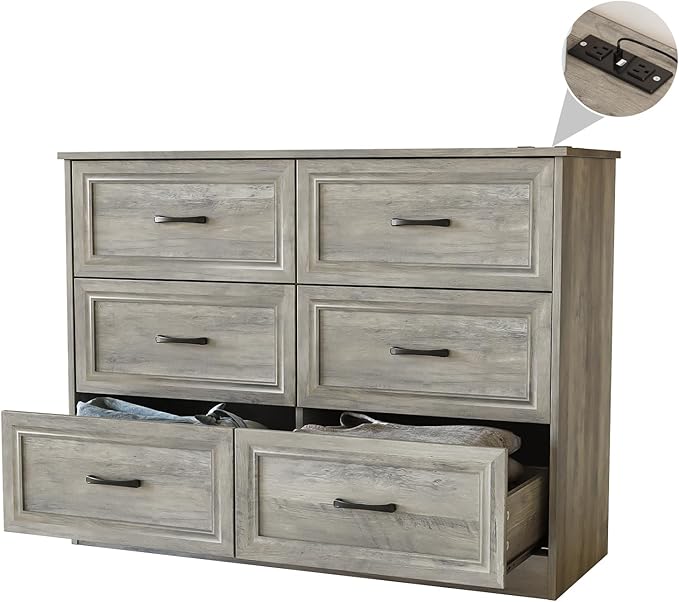 Fameill Dresser for Bedroom, 6 Drawer Wide Dresser Organizer with Charging Station, Tall Dresser for Hallway, Wood Dresser with Metal Handles, Ash Grey