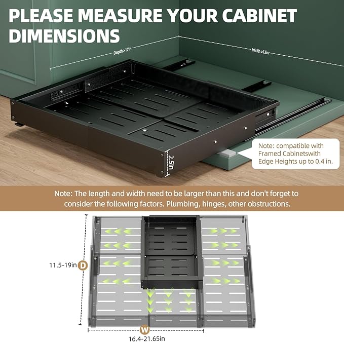 2 Pack Expandable Pull Out Cabinet Organizer, Width (12"-19" ) & Depth (16.5"-22")No Drill Adjustable Cabinet Pull Out Shelves for Kitchen,Pantry, Adhesive Roll Out Shelves for Kitchen Cabinets-Black