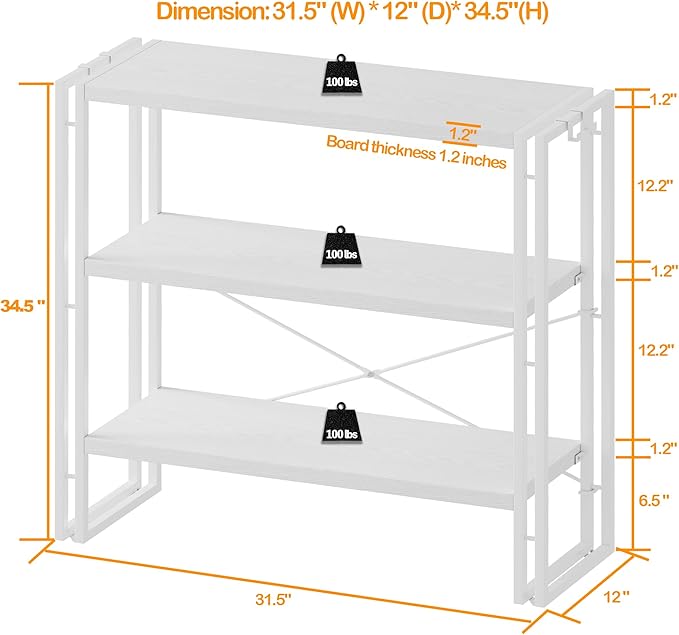 HCHQHS Bookshelf, 3-Tier Industrial Bookcase, White Open Book Shelf, Freestanding Horizontal Bookshelves with Metal Frame