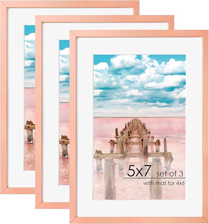 5x7 Picture Frame | 5x7 Metal Frame With Mat For 4x6 | 5 x 7 Aluminum Photo Frame | Plexiglass And Hanging Hardware Included | 5 By 7 Picture Frame | 3Pcs, Rose Gold