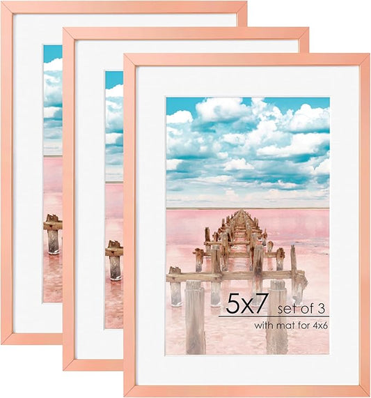 5x7 Picture Frame | 5x7 Metal Frame With Mat For 4x6 | 5 x 7 Aluminum Photo Frame | Plexiglass And Hanging Hardware Included | 5 By 7 Picture Frame | 3Pcs, Rose Gold