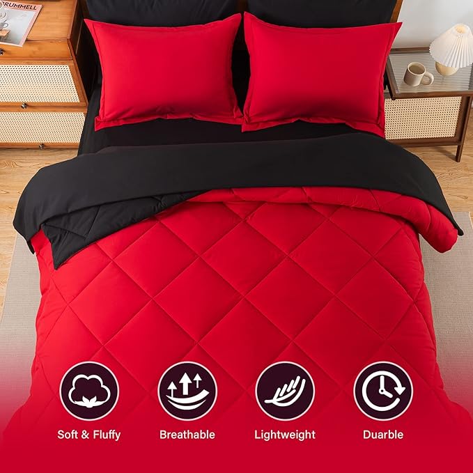 Cosybay Bed in a Bag King Reversible Comforter Sets 7pcs All Season Down Alternative Bedding Sets Red and Black with Comforter, Pillow Shams, Flat Sheet, Fitted Sheet and Pillowcase
