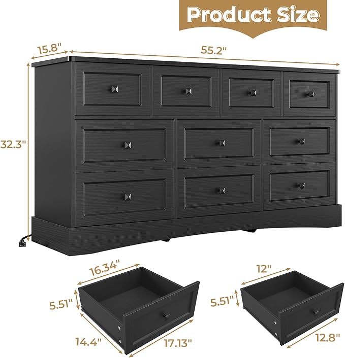 Hasuit Black Dresser for Bedroom with 10 Drawers, 55.2" Long Drawer Dresser with Charging Station, Farmhouse Dressers Chest of Drawer, Large Wooden Storage Tower Organizer, Dressers for Bedroom Closet