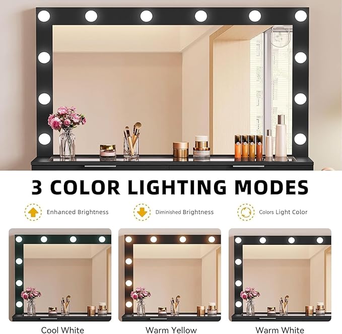 DWVO 10 Drawer Large Makeup Vanity Table with Glass Top, LED Mirror, Charging Station & Cushioned Storage Stool, 46-Inch Dressing Desk Set with 3 Lighting Modes Brightness Adjustable, Dark Black