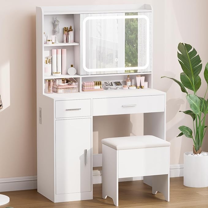 Vanity Desk with Sliding Mirror & Power Outlets - Dimmable LED Lighting, 4 Open Shelves, 2 Drawers, 1Storage Cabinet & Padded Stool - Ideal Bedroom Makeup Dressing Table （White）
