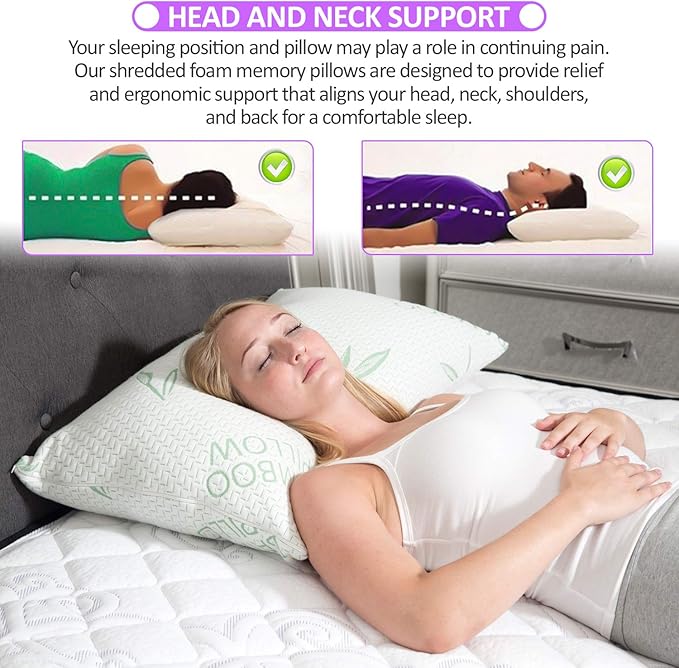 2 Pack Queen Size Rayon Derived from Bamboo Pillow, Cooling Shredded Memory Foam Bed Pillows Set – Back, Stomach, Side Sleepers, Removable Cover, Adjustable to Firm / Soft, Queen (Pack of 2)