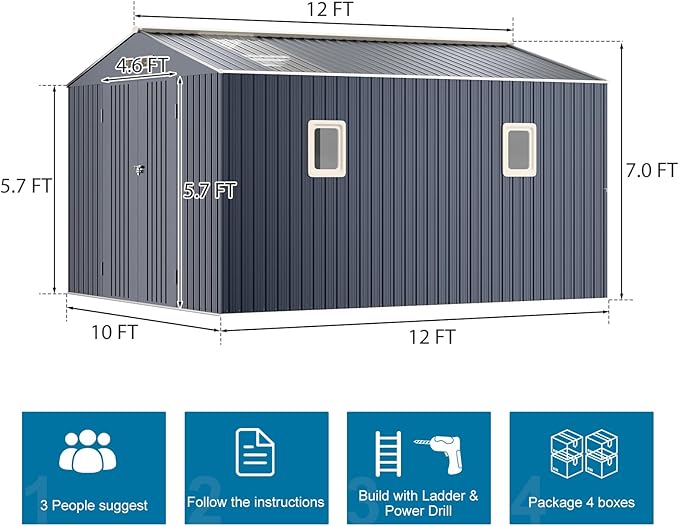 10x12 FT Metal Storage Shed with Floor Frame Extra Large Waterproof Storage House with Clear Roof Windows Air Vent for Garden Yard to Store Bikes,Lawnmower,Dark Grey