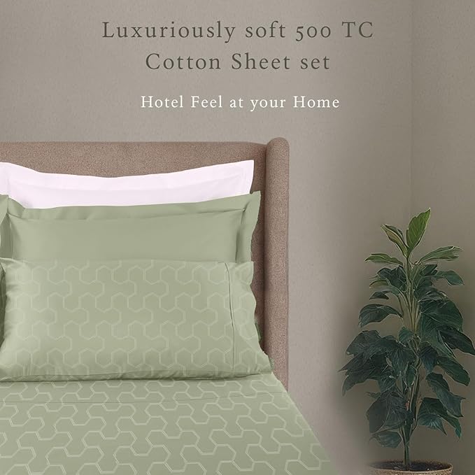 Threadmill 500 Thread Count Twin-XL Size 3 Pc Luxury Cotton Bed Sheet Set, Jacquard Floria Sage Green, Breathable Sheets with 15" Elasticized Deep Pocket, 1 Pillowcase & Free Tote Bag